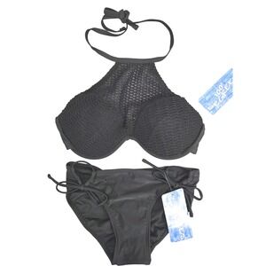 NWT 100 Degrees High Neck Black Swim Set Mesh Goth Grunge Pattern SZ S (4-6)
